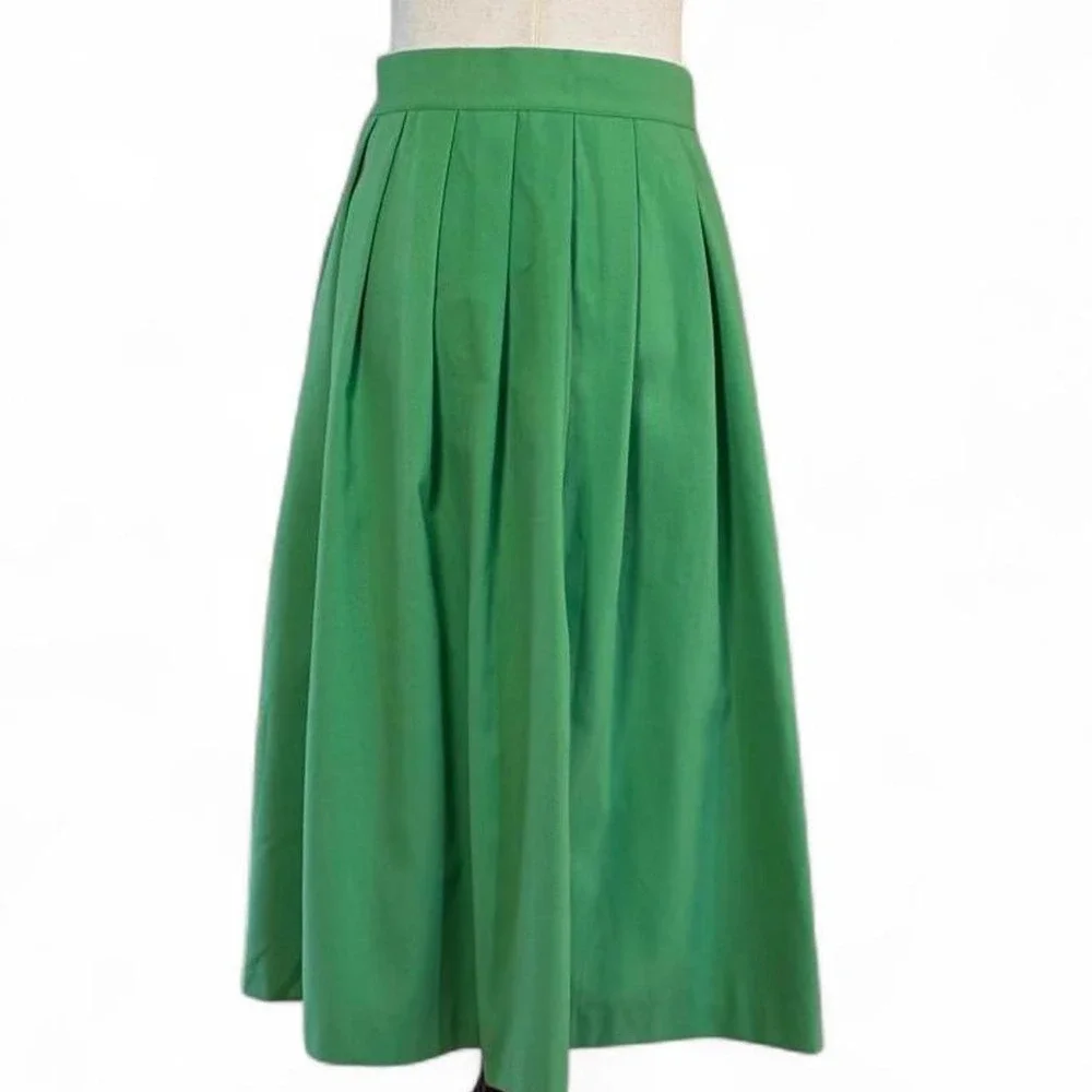 Vintage 70s Green Button Front Pleated Midi Skirt